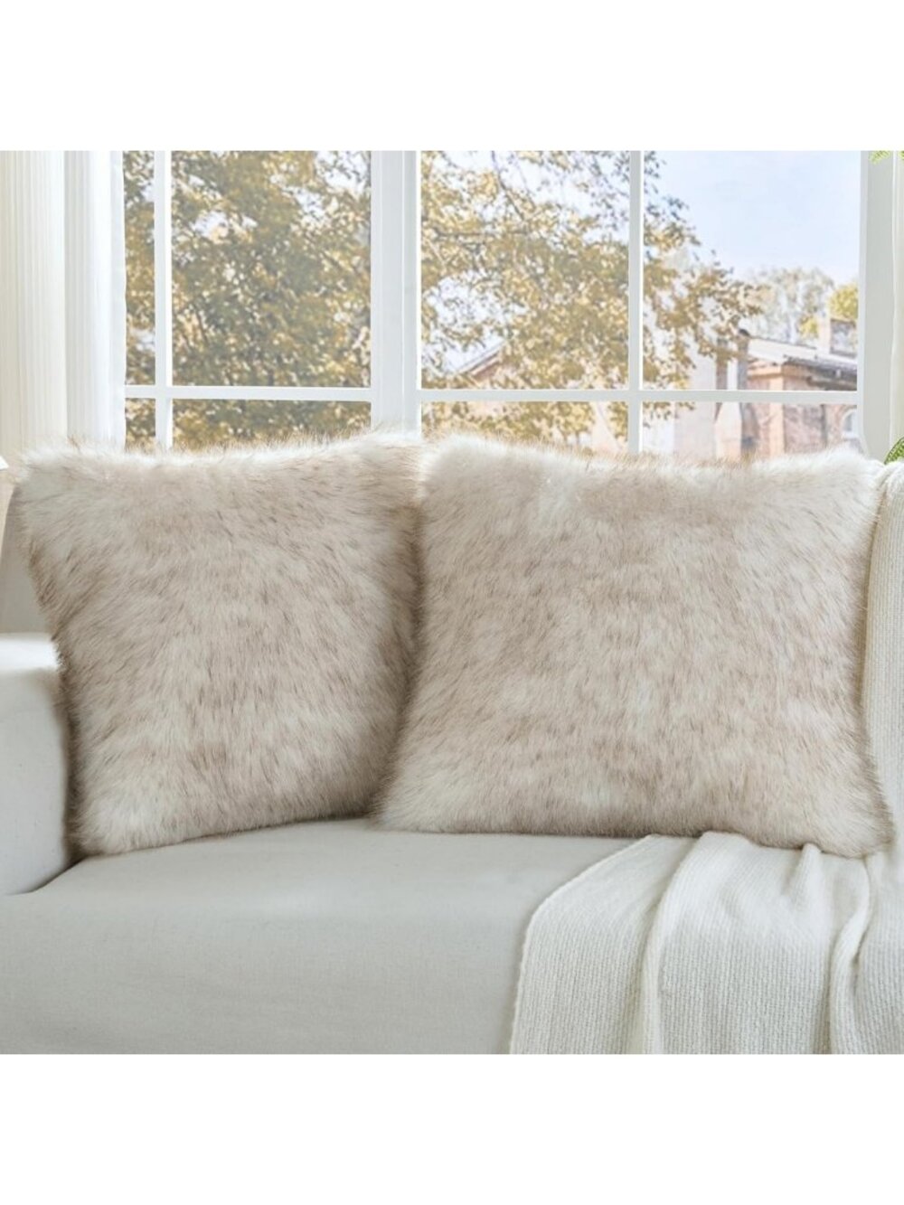Set of 2 Cozy Faux Fur Throw Pillow Covers 22x22 Inch, Coffee & White Decor